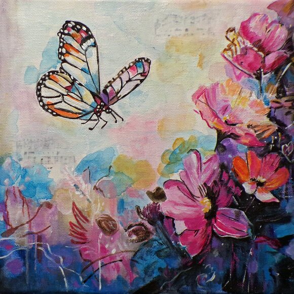 Original Butterfly PaintingColorful Floral Wall Art